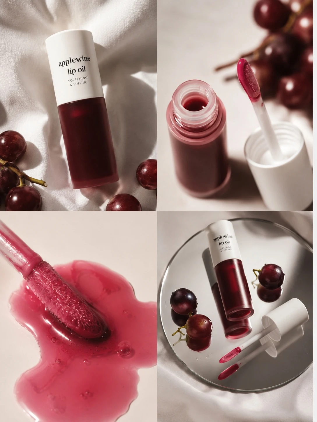Collage product photography of lip oil with grapes and detail shots