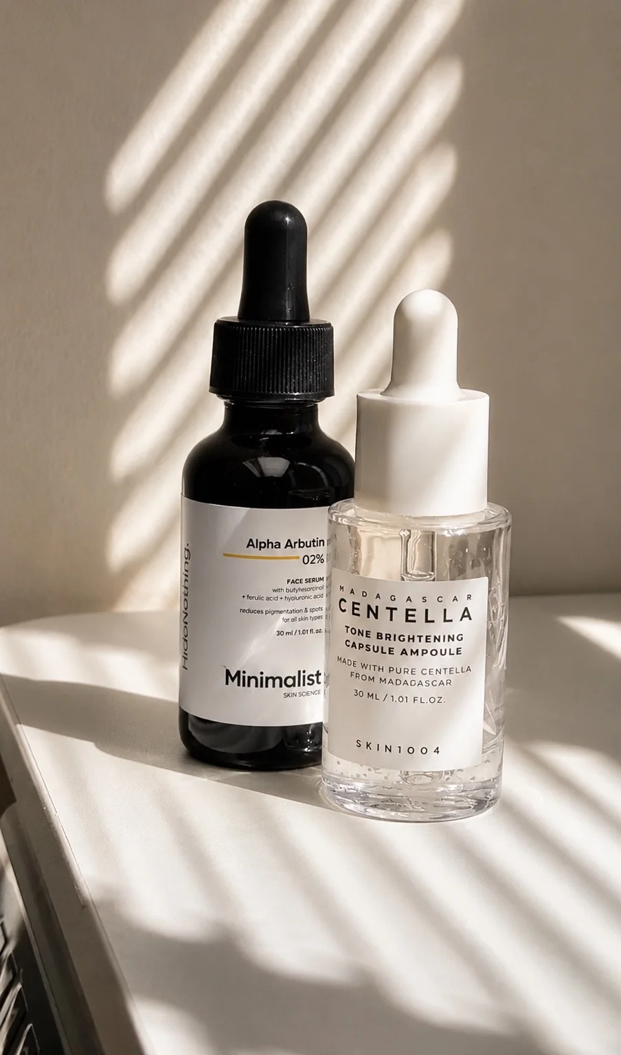 Skincare serum product photography featuring Minimalist and SKIN1004 products